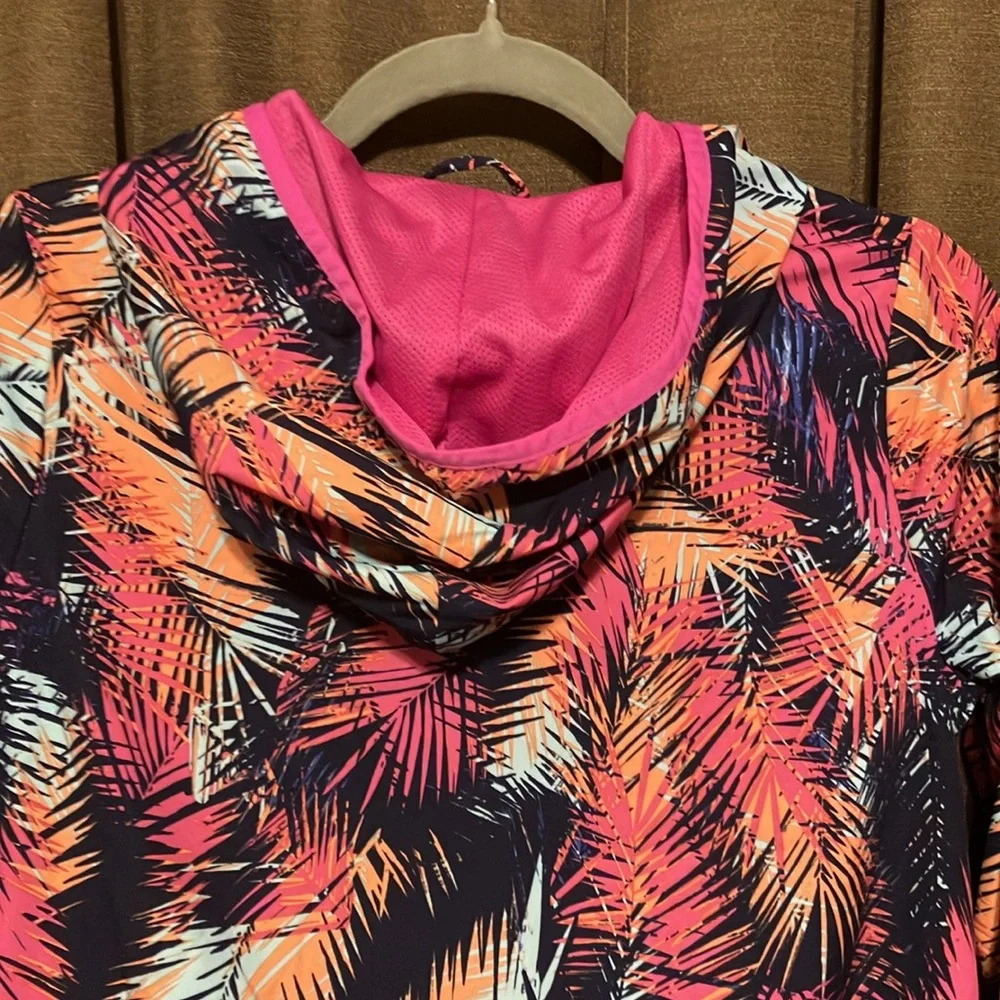 Gymboree Girls Navy Pink Orange Palm-Print Hooded Jacket, Size XL